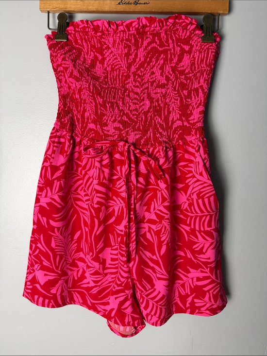 Pants - 🌺 Strapless Smocked Tropical Print One-Piece Romper w/ Pockets - Pink Sz Medium